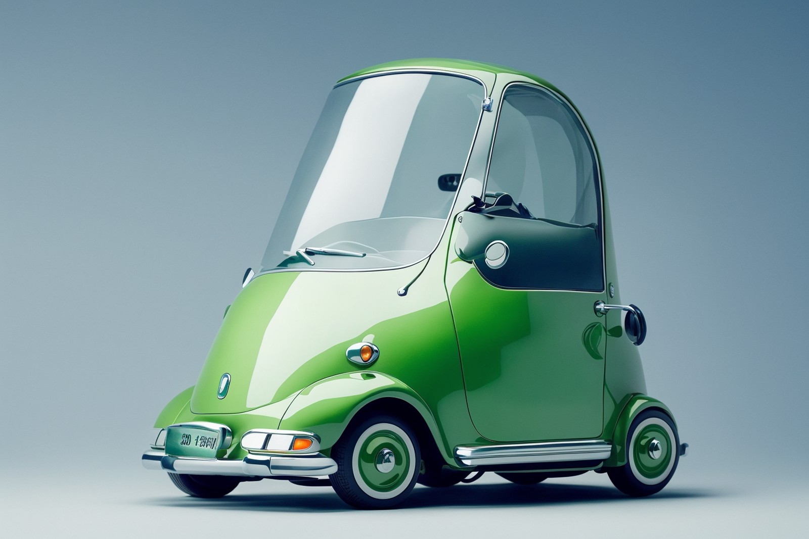 08367-2023483607-((masterpiece, best quality))，A lovely green electric car, flying in the air, on a white background.png